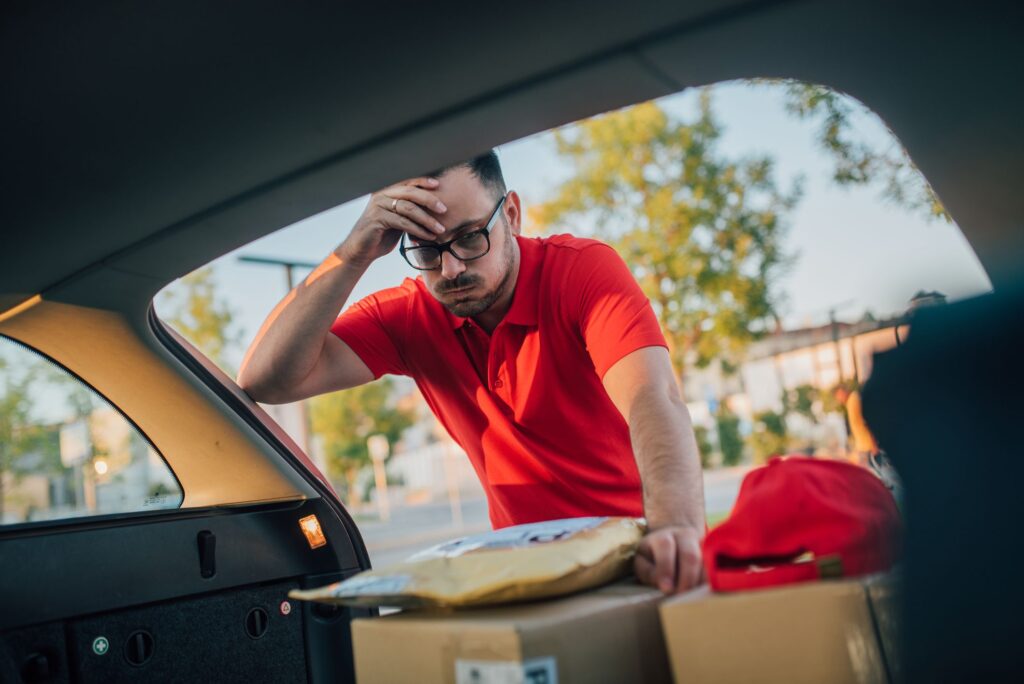 Employee managing packages and deliveries during a busy workday